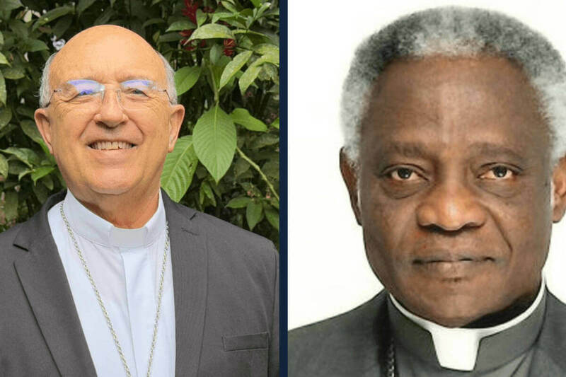 Two headshots, side by side. A smiling man with glasses and light skin wears a clerical collar and dark suit. The second man, with darker skin and gray hair, also wears a clerical collar and dark suit.