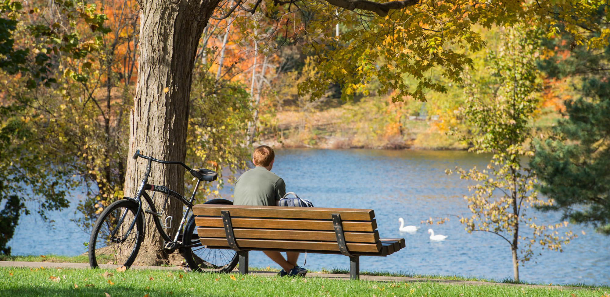 A student on a bench by the lake with a bike in the fall.