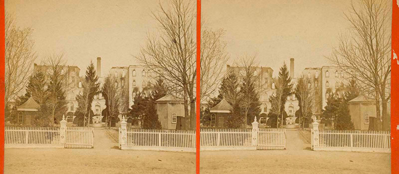 Two sepia tone images showing fire damage.