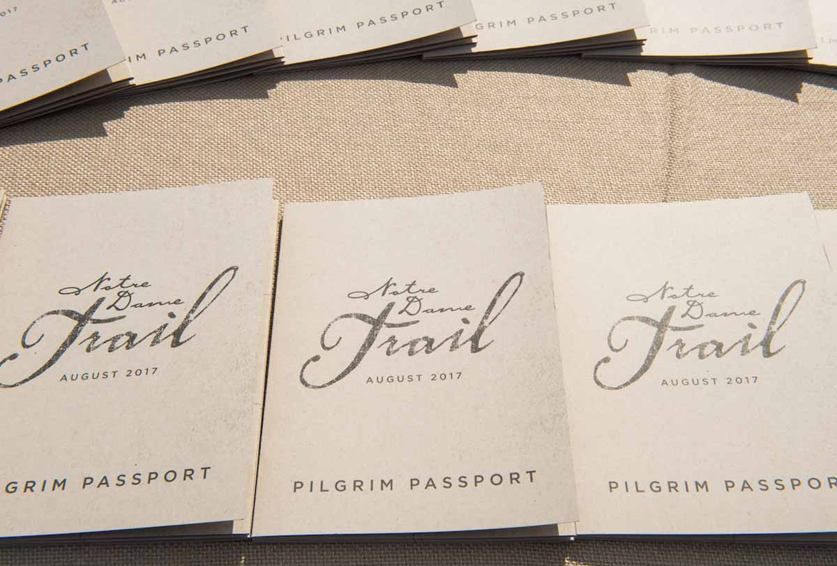 ND Trail passports were given out after mass at the Basilica of St. Francis Xavier where the pilgrims began their journey in Vincennes, Indiana.